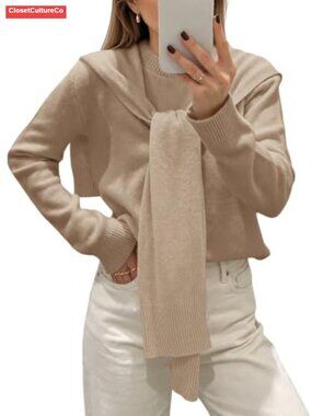 Womens Crew Neck Soft Knit Pullover Sweater with Detachable Shawl Wrap